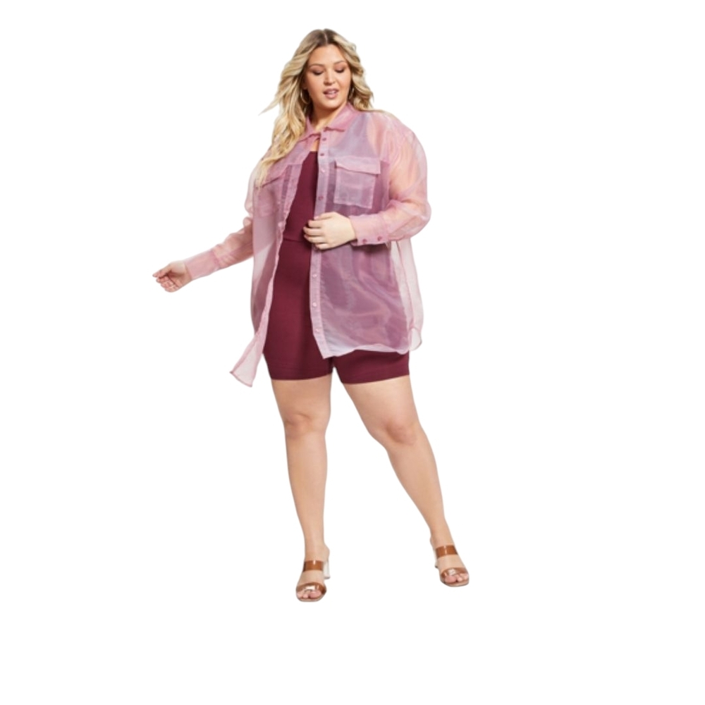 Sheer Pink Button Down Blouse with Burgundy Romper